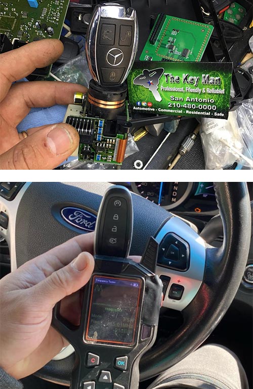 programming a replacement Mercedes fob (top), and one of our portable fob programmers and a new Ford fob for a customer (bottom).
