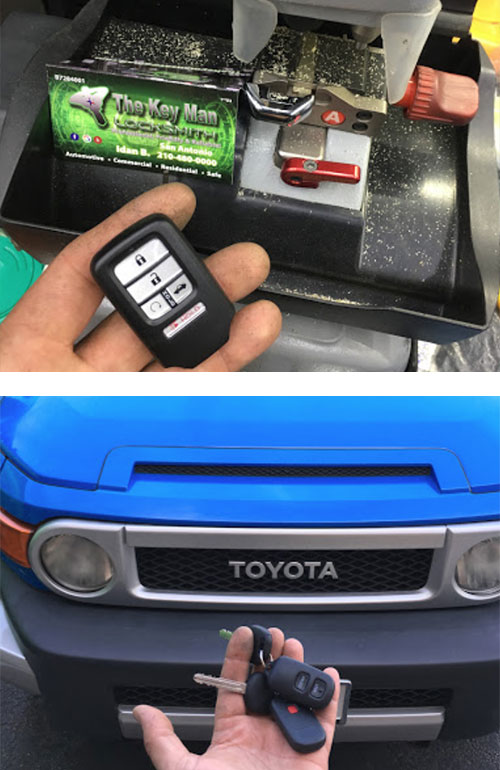cutting a key that fits inside the fob (top), and duplicate transponder head keys we made for a Toyota FJ Cruiser (bottom).