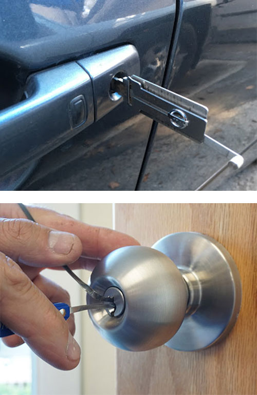 Using a Lishi tool to unlock a Nissan door lock (top) and lock pick tools on a commercial doorknob lock (bottom)